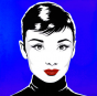 badge pop art Audrey sur fond bleu