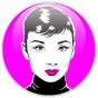 badge pop art Audrey sur fond rose