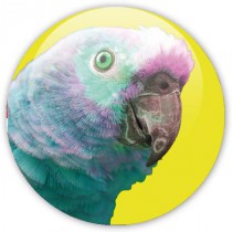 badge pop art perroquet sur fond jaune