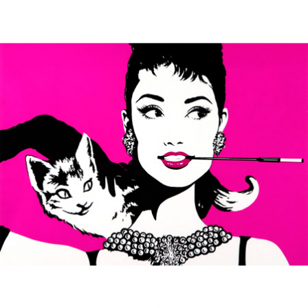 stickers PC horizontal pop art Audrey et le chat sur fond rose