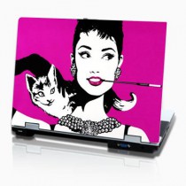 stickers PC horizontal pop art Audrey et le chat sur fond rose
