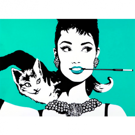 stickers PC horizontal pop art Audrey et le chat sur fond bleu