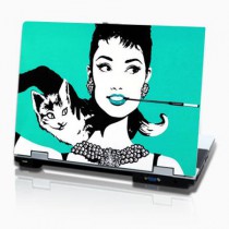 stickers PC horizontal pop art Audrey et le chat sur fond bleu