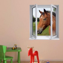 Stickers trompe l'oeil fenêtre cheval
